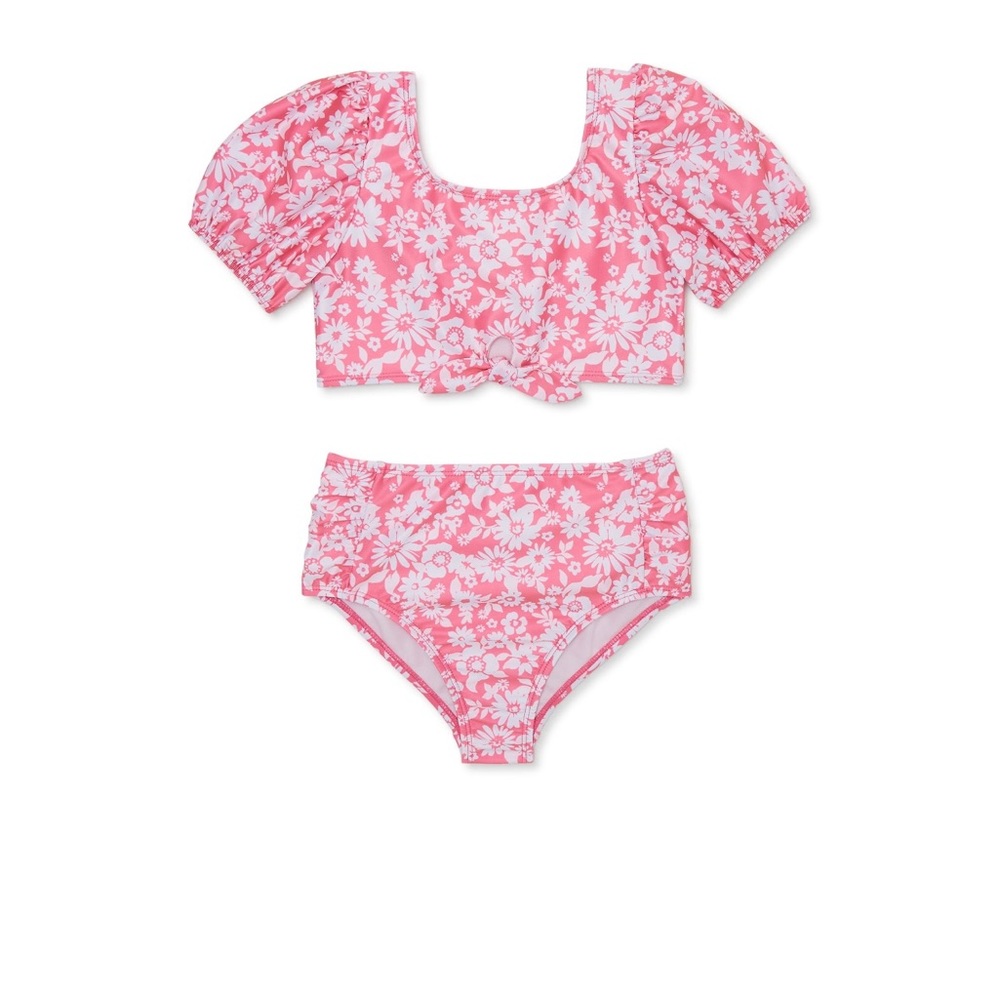 Wonder Nation Girl's Puff Sleeve Hibiscus Bikini with Front Tie